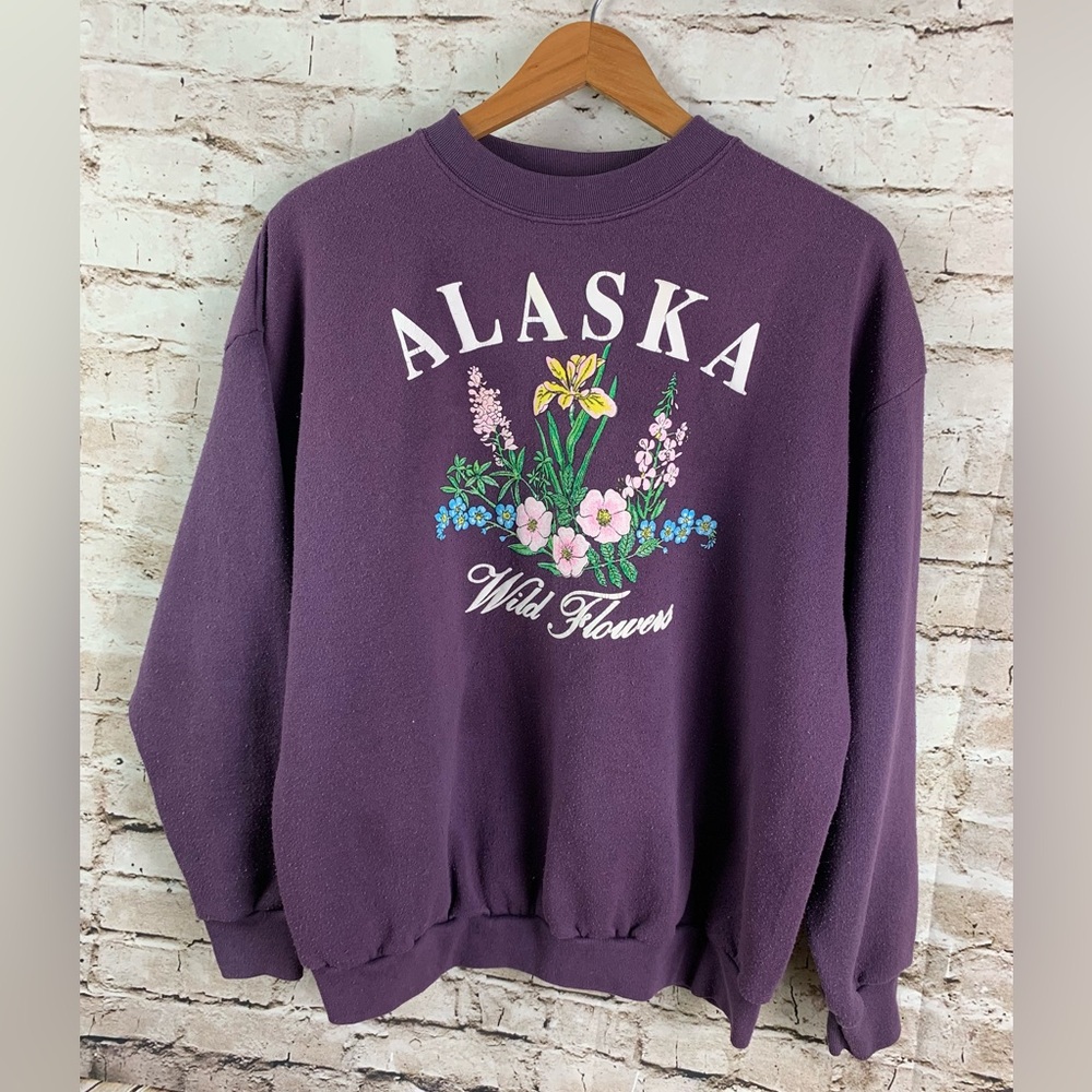 Vtg Tultex Women’s XL Purple ALASKA Wild Flowers Sweatshirt Puffy Graphics